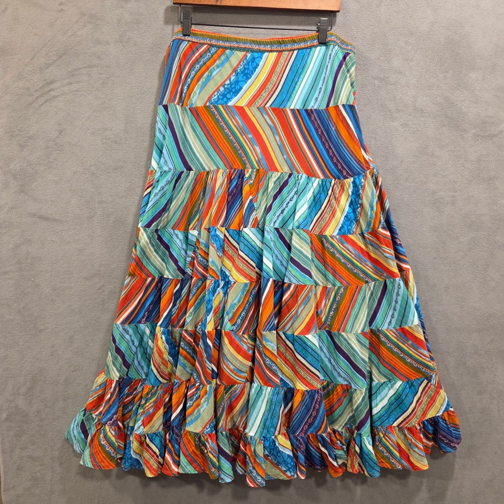 Boho Cotton Tiered Rainbow Maxi Skirt Women's Size 2X Beach Striped Colorful